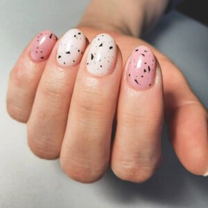 Elegant Quail Egg Pink Press-On Nails – Pale Pink with Black Abstract Speckles
